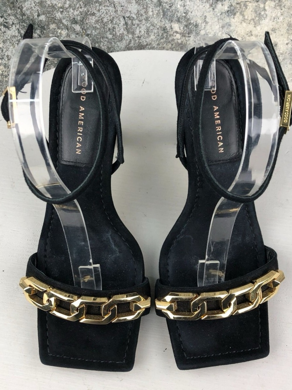 Good American Women' Size 7 Black Gold Chain Ankle Strap High Heel Sandals SPAIN